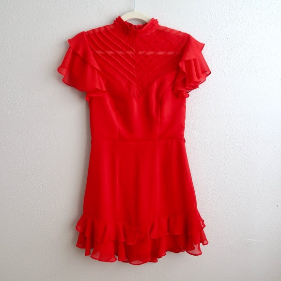Saints + Secrets Red Ruffle Mini Dress High Neck Flutter Sleeve - Picture 4 of 16